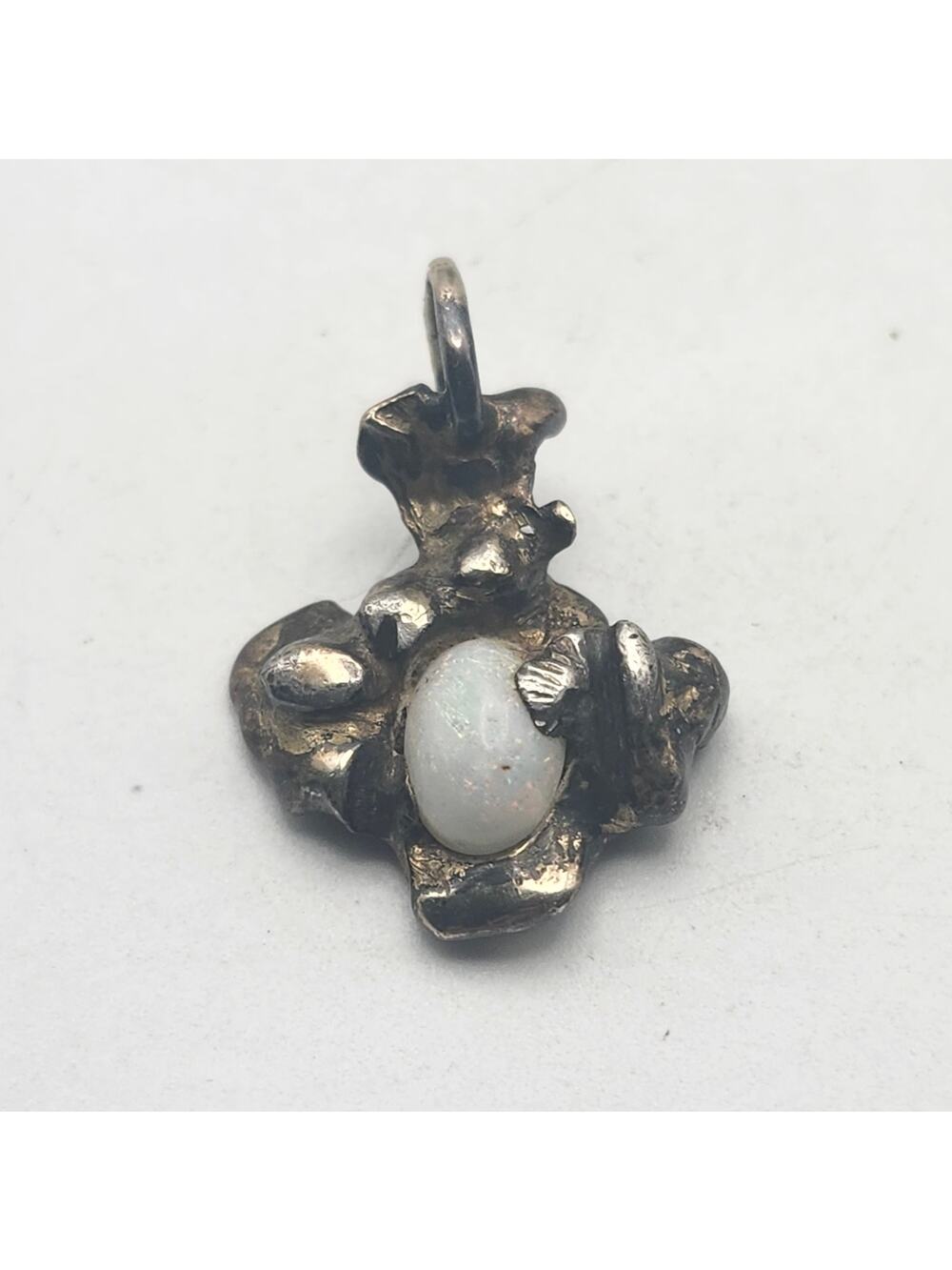 Tiny Teddy Bear Faux Opal Pendant Charm Gold Tone Brutalist Worn Figural Jewelry